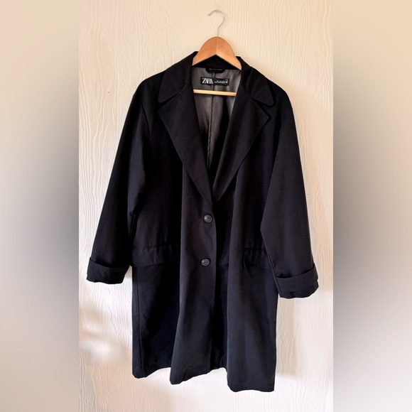 Zara Black Timeless Oversized Trench Coat Jacket Collared Button 80s Inspired - Picture 9 of 12
